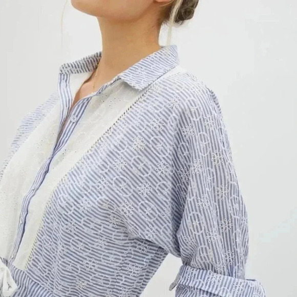 NWT Anthropologie Maeve Ashleigh Blue White Eyelet Mini Prairie Dress Size Large - Picture 2 of 6